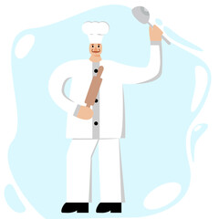 Professions. Male cook. White suit on the cook. Rolling pin and scoop. Chef hat. Chef cook on a blue background. Black boots and a jacket with buttons. Kitchen worker. Hyperbolic character.