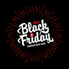 Black Friday sales. Discount banner, coupon with artistic inscription attached to fireworks. Isolated on a black background.