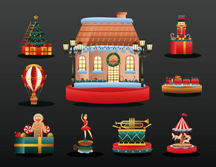 cute house and bundle of christmas toys
