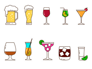 Set of colored icons of alcoholic drinks and utensils from which they are consumed. Vector illustration.