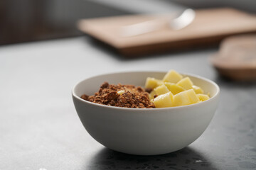 chocolate granola with mango and greek yogurt in white bowl on concrete background