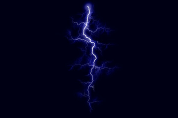 Powerful electrical discharge striking from side to side realistic illustration isolated on black transparent background. Flaming lightning strike in the dark. Electrical energy flash light effect - Powered by Adobe