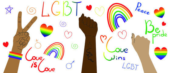 illustration of LGBT people with their hands up. fight for your rights. Vector pride symbols set for LGBT. Homosexual icons and logos