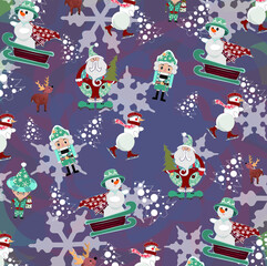 Illustration with snowman, deers, elfs and Santa on the purple background