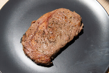 A piece of steak on a plate.