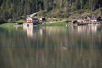 alpine lake Alleghe at Dolomites, Italy