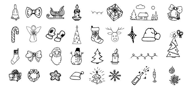 Winter holiday collection or sketches, symbols. New year signs for web design and mobile app, glyph style pictogram package isolated on white background.Christmas solid icon set.