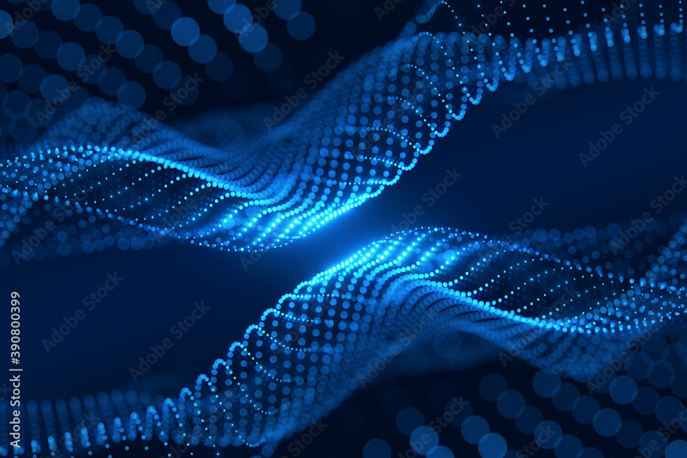 Leinwandbilder moving neon blue dots pattern forming a digital network connection on dark background