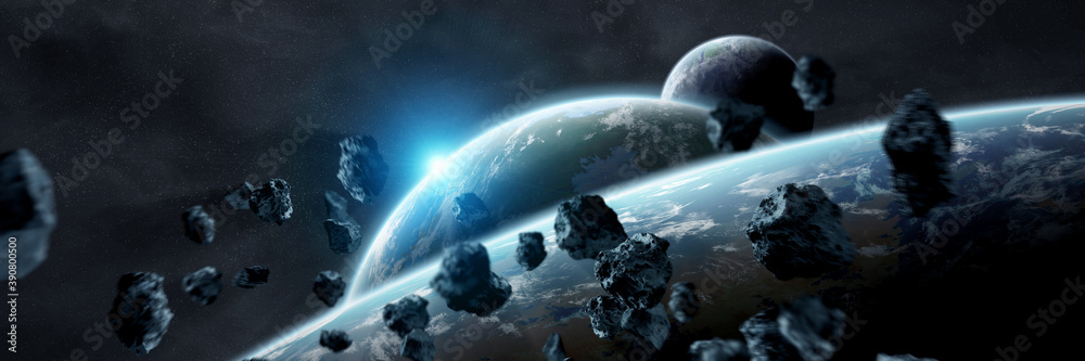 Fototapete panoramic space planets background. panorama of distant solar system with exoplanets 3d rendering el