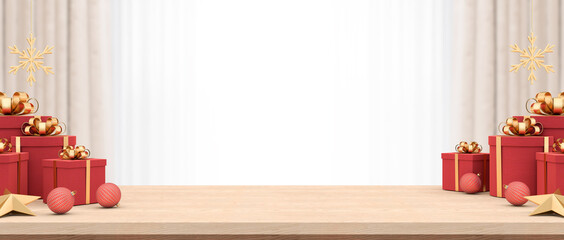 Empty wood table decorated with a gift boxes and Christmas ornaments in blurred living room. Christmas and new year concept for product presentation display. 3D illustration