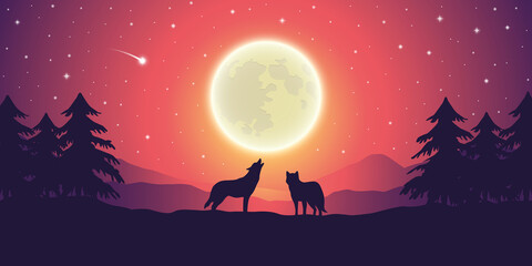 Fototapeta na wymiar two wolves at purple mountain landscape with full moon and starry sky vector illustration EPS10