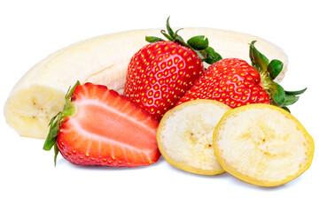 Strawberries and banana pieces with peel. Fresh berries. Isolated on white background