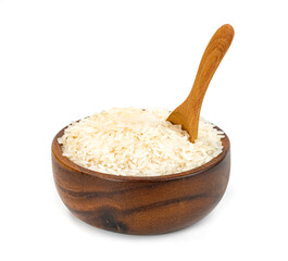 Thai jasmine rice in wooden bowl and spoon isolated on white background