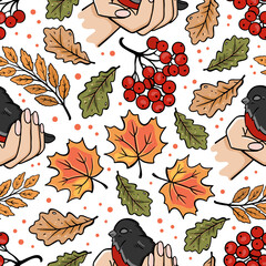BULLFINCH IN HANDS Autumn Fall Nature Season Forest Bird Floral Cartoon Seamless Pattern Vector Illustration For Print