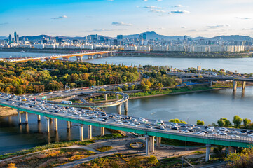 Autumn scenery of the Han River in Seoul, South Korea in 2020.