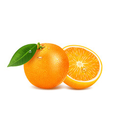 Orange fruit with green leaf and drops, on white background, sweet citrus, healthy food, candied fruits.