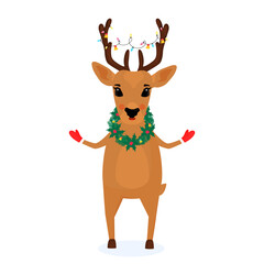 A deer with a wreath of spruce branches and mistletoe around the neck and a Christmas garland on the horns