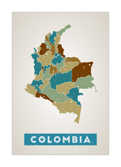 Colombia map. Country poster with regions. Old grunge texture. Shape of Colombia with country name. Superb vector illustration.