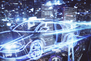 Double exposure of transport theme hologram drawing and city view background. Concept autopilot.