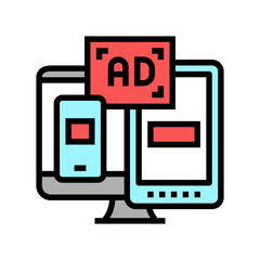 ad on computer phone and tablet display color icon vector. ad on computer phone and tablet display sign. isolated symbol illustration