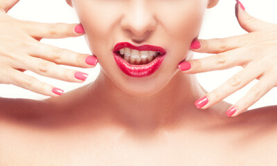 Beauty face, emotion, red lips make-up, woman with manicure part of portrait, 