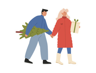 Isolated modern young couple carries a Christmas tree to home. Merry guy with fir tree. A girl with wrapped gift. Traditional Xmas celebration shopping. Holiday preparation. Vector flat illustration.