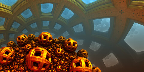 Abstract background, fantastic 3D gold structures, technology remains of an ancient civilization render illustration. 