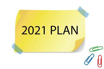 2021 plan word written on yellow sticky notes