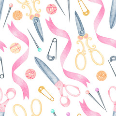 Watercolor seamless sewing pattern with spool of thread, scissors, ribbon, buttons. Fashion illustration with dressmaking objects set, profession clothier. Perfect for textile, wrapping paper.