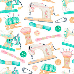 Watercolor seamless sewing pattern with spool of thread, scissors, sewing machine, buttons. Fashion illustration with dressmaking objects set, profession clothier. Perfect for textile, wrapping paper