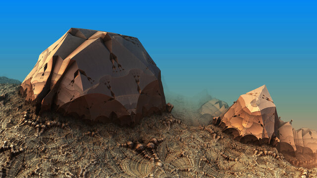 Abstract background, fantastic 3D gold structures, alien planet construction, render illustration
