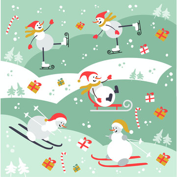 SNOWMEN SKI AND SKATE Pattern for New Year & Christmas, icon set. Vector illustration © Mallena