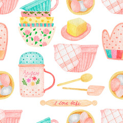 Watercolor Baking seamless patten. Vintage Cooking Illustration with milk, sugar, flour, eggs, supcakes, cookies, bowls, spoon, butter and kitchen dish. Kitchen utensils digital paper.
