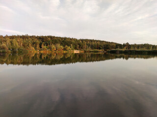 Lake and forest in sunset, picturesque wallpaper