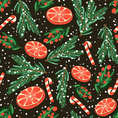 Christmas seamless pattern with holly berry, fir branches and orange. Winter background. Pattern for fabric, textile, wrapping paper, wallpaper and other decoration.