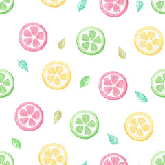 Watercolor Colorful summer seamless pattern with tropical citrus fruits. Summertime tropical travel illustration.