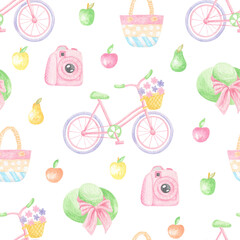 Watercolor Summer beach objects seamless pattern. Summertime tropical travel illustration.