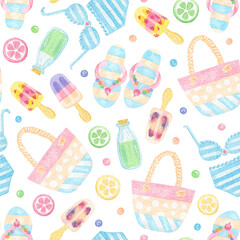 Watercolor Summer seamless pattern. Ice cream, bike, swimsuit, hat, sandals and other travel elements. Hello Summer pattern