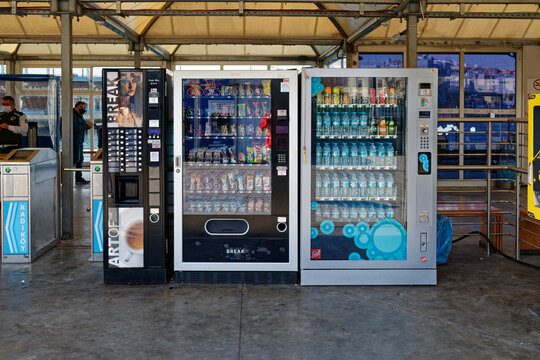 Vending machines for coffee, snacks and water in front of entrance of public transportation service in Eminonu, Istanbul / Turkey - April 13 2020.
