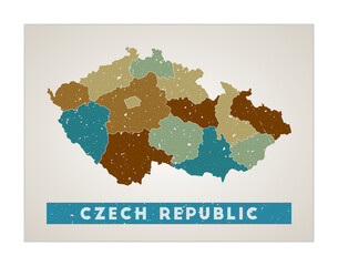 Czech Republic map. Country poster with regions. Old grunge texture. Shape of Czech Republic with country name. Appealing vector illustration.