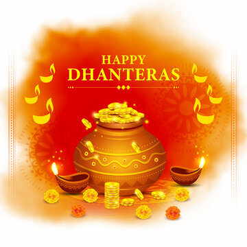 Illustration pot full of gold coins, oil lamps and decorative elements for celebration of Indian religious festival Happy Dhanteras, Diwali.