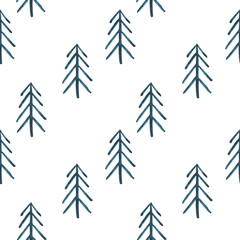 Watercolor Christmas fir tree seamless pattern. Hand drawn winter holiday background. Indigo blue color digital paper for fabric print, wrapping, scrapbook.