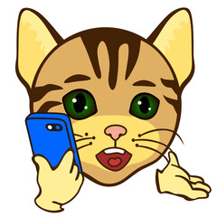 emoji with cat that is talking on the modern smartphone or mobile phone, simple colored emoticon, vector illustration