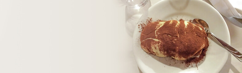 Banner with traditional Italian Tiramisu with chocolate on top, served as dessert, with copy space for text at pleasant smooth background.