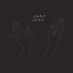 Woman magic hands with zodiac sign. Aquarius horoscope symbol and silhouette of hands. Vintage mystic vector illustration in outline style isolated on black background. Astrology or magic concept