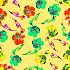 Garden flowers painting in watercolor. Floral seamless pattern on yellow background.
