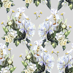 Fototapeta na wymiar Garden white flowers peony, iris, chamomile and rose painting in watercolor. Floral seamless pattern on gray background.