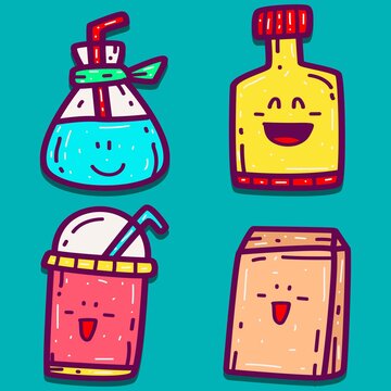 kawaii doodle drink cartoon designs  for coloring, backgrounds, stickers, logos, icons and more