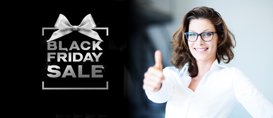 black friday sale, smiling woman wearing eyeglasses showing thumb up like symbol, silver texts...