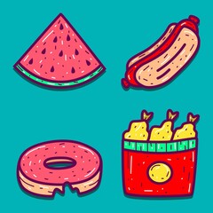 kawaii doodle food cartoon designs  for coloring, backgrounds, stickers, logos, icons and more